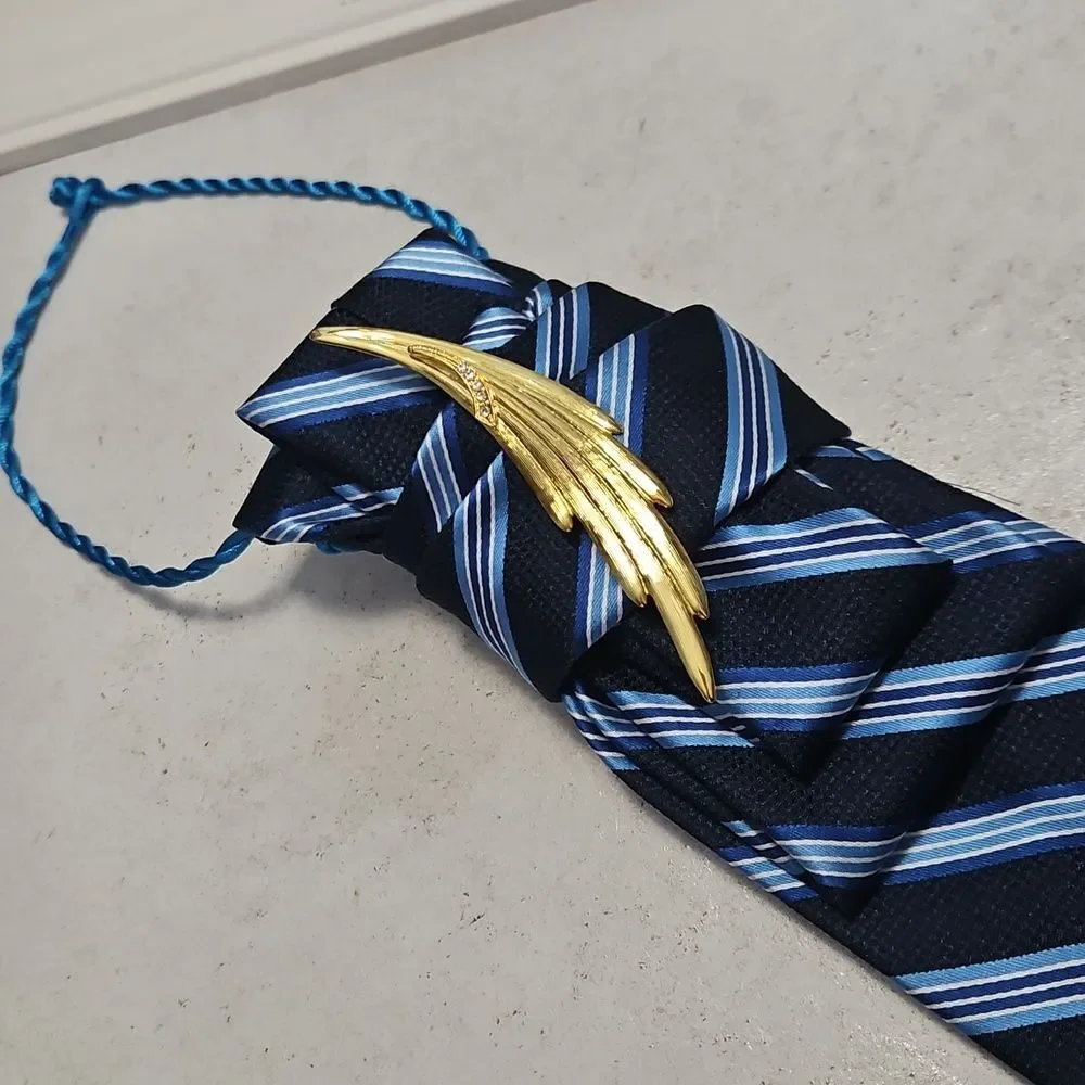 Elegant Blue Striped Statement Necklace Tie with Gold Accent